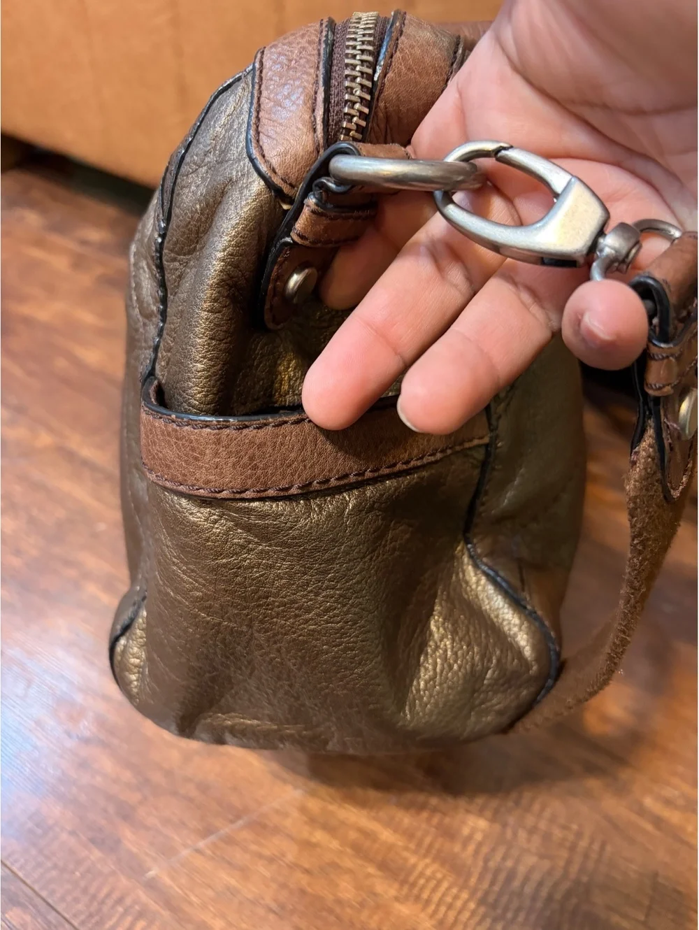 Fossil Maddox metallic aged bronze patchwork leather satchel